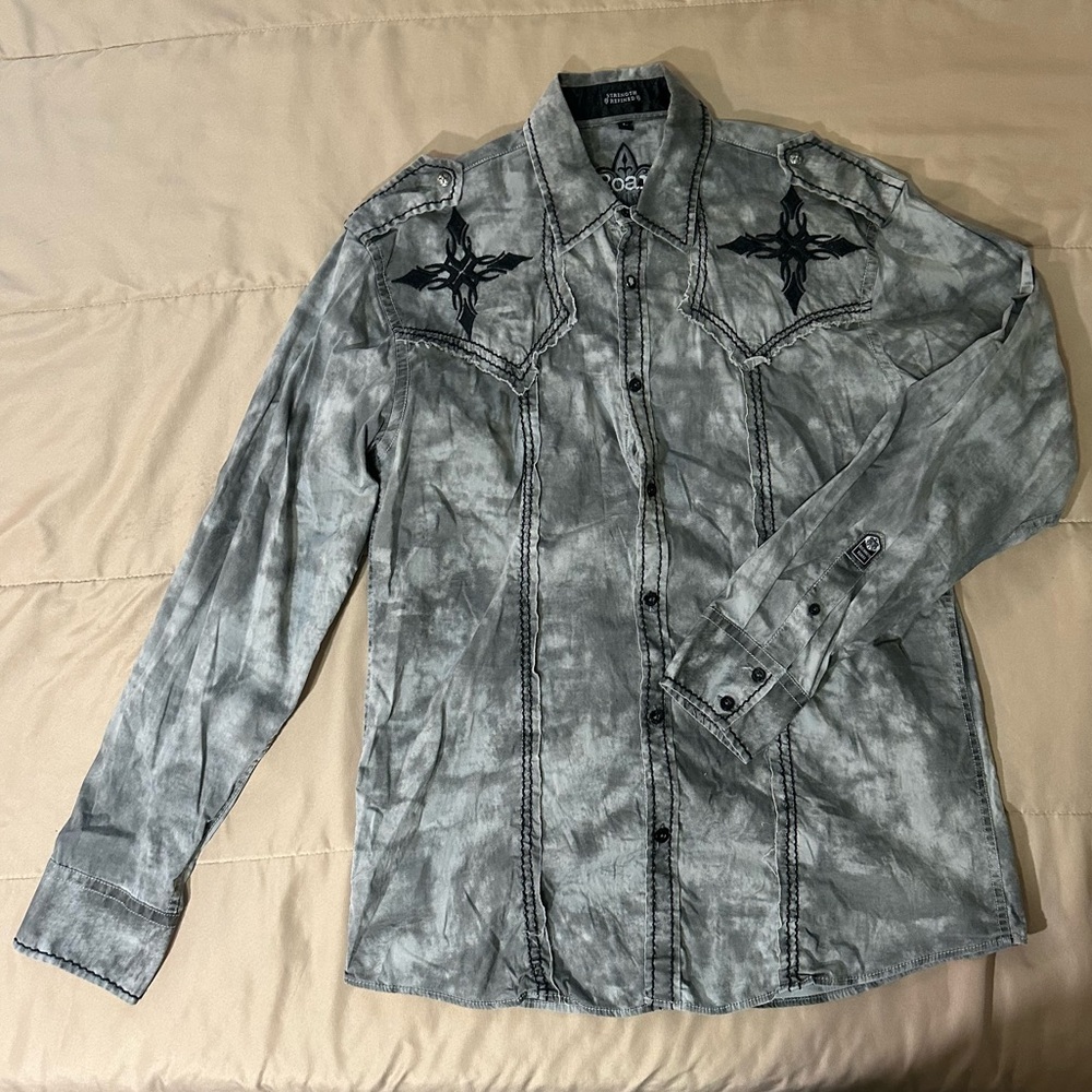 Roar button down long sleeve shirt men’s large black grey vintage Y2K vtg rock